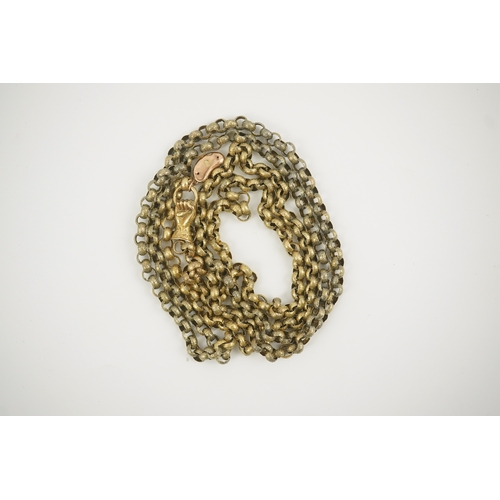 123 - An early 19th century gold circular link muff chain, with gem set hand clasp, and hung with a late 9... 