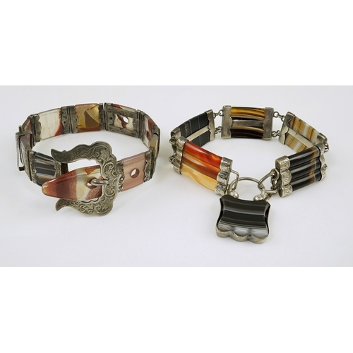 125 - Two late 19th century Scottish silver and agate set bracelets, one with buckle clasp, overall 22.1cm... 