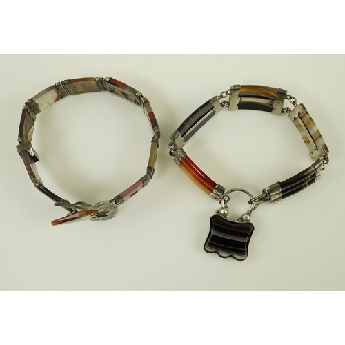 125 - Two late 19th century Scottish silver and agate set bracelets, one with buckle clasp, overall 22.1cm... 