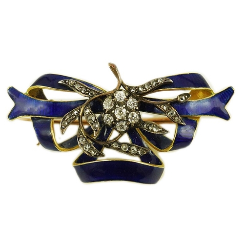 126 - A Victorian gold, diamond cluster and blue enamel set ribbon bow brooch, 37mm, gross weight 7.8 gram... 