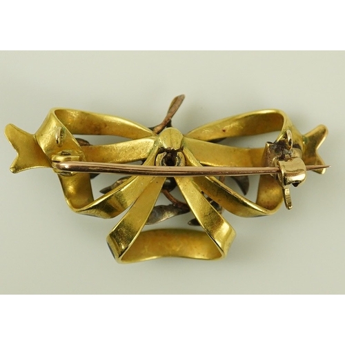 126 - A Victorian gold, diamond cluster and blue enamel set ribbon bow brooch, 37mm, gross weight 7.8 gram... 