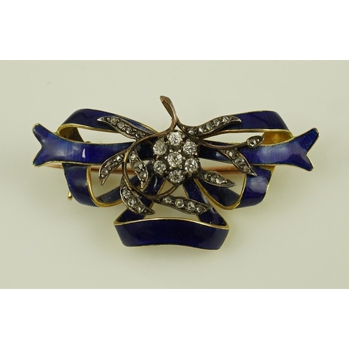 126 - A Victorian gold, diamond cluster and blue enamel set ribbon bow brooch, 37mm, gross weight 7.8 gram... 