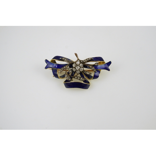 126 - A Victorian gold, diamond cluster and blue enamel set ribbon bow brooch, 37mm, gross weight 7.8 gram... 