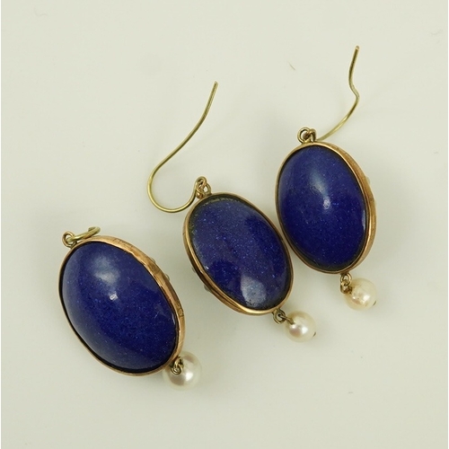 128 - A Victorian gold, cabochon amethyst, enamel and seed pearl set lapis lazuli suite of jewellery, comp... 