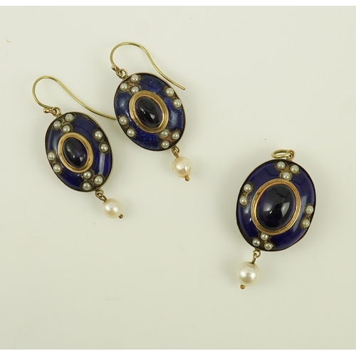 128 - A Victorian gold, cabochon amethyst, enamel and seed pearl set lapis lazuli suite of jewellery, comp... 