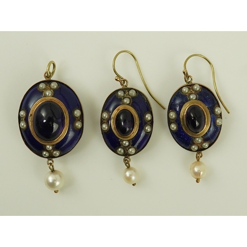 128 - A Victorian gold, cabochon amethyst, enamel and seed pearl set lapis lazuli suite of jewellery, comp... 