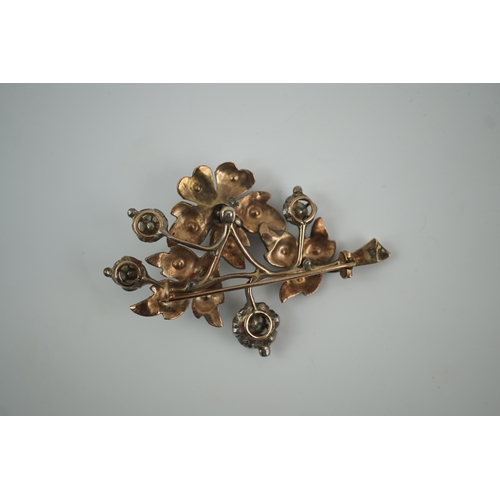 129 - A Victorian gold overlaid silver and rose cut diamond set floral spray brooch, 61mm, gross weight 19... 