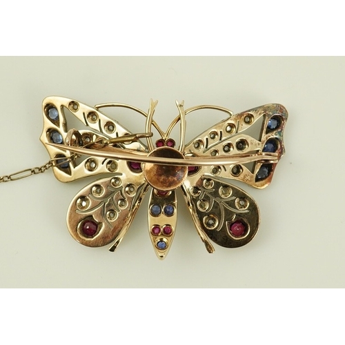 130 - An Edwardian gold, ruby, sapphire and rose cut diamond set butterfly brooch, with detachable brooch ... 