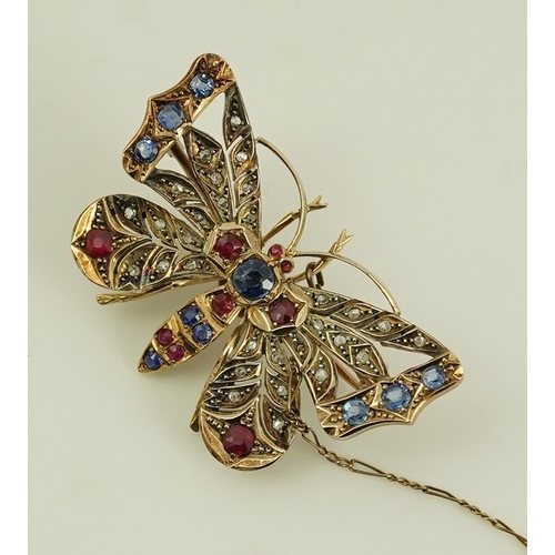 130 - An Edwardian gold, ruby, sapphire and rose cut diamond set butterfly brooch, with detachable brooch ... 