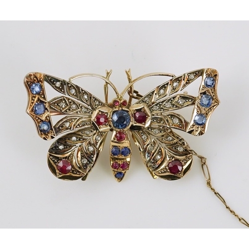 130 - An Edwardian gold, ruby, sapphire and rose cut diamond set butterfly brooch, with detachable brooch ... 