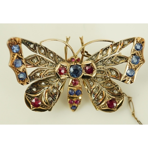 130 - An Edwardian gold, ruby, sapphire and rose cut diamond set butterfly brooch, with detachable brooch ... 