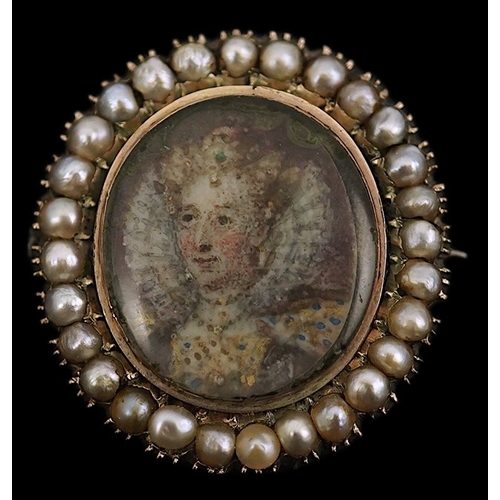 131 - An early 19th century yellow metal and split pearl mounted oval miniature portrait pendant brooch, d... 