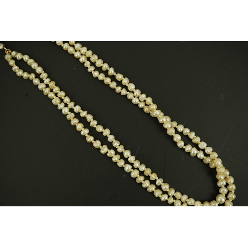 134 - An antique twin strand baroque pearl necklace, with pearl set gold clasp bordered with single chain ... 