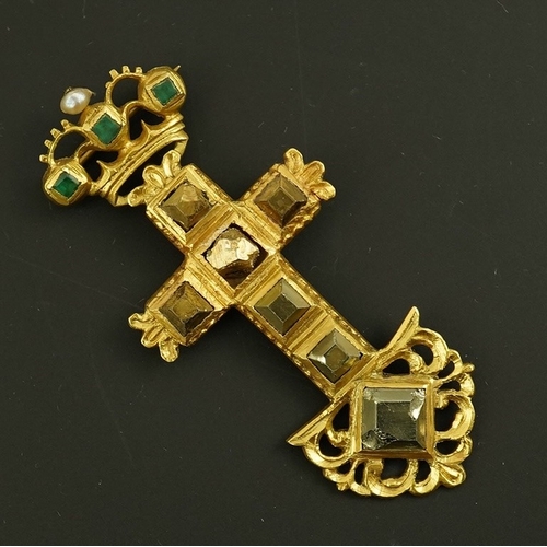 138 - An antique continental engraved gold and seven stone pyrites? set cross pendant, with a gold, emeral... 