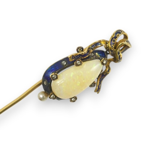 145 - A late Victorian gold, white opal, seed pearl diamond chip and blue enamel set stick pin, with ribbo... 