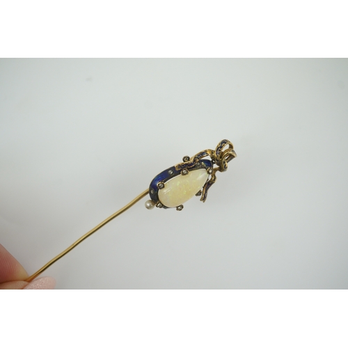 145 - A late Victorian gold, white opal, seed pearl diamond chip and blue enamel set stick pin, with ribbo... 