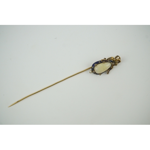 145 - A late Victorian gold, white opal, seed pearl diamond chip and blue enamel set stick pin, with ribbo... 