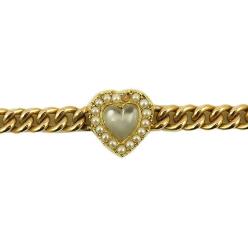 147 - A late Victorian 15ct gold curb link bracelet, with central moonstone and seed pearl set heart shape... 