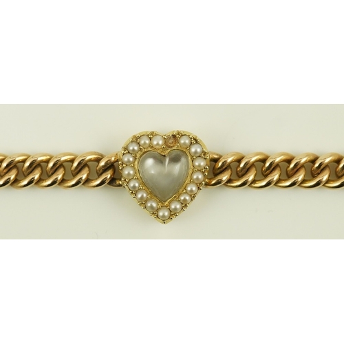 147 - A late Victorian 15ct gold curb link bracelet, with central moonstone and seed pearl set heart shape... 