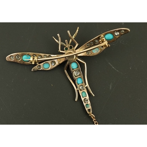 150 - A late Victorian gold and silver, diamond, turquoise and pearl set dragonfly brooch, cabochon set ey... 