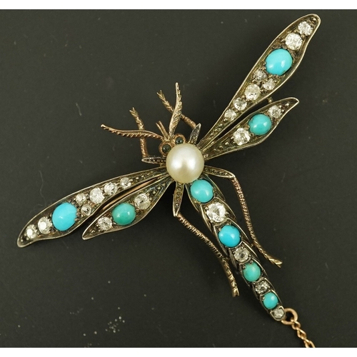 150 - A late Victorian gold and silver, diamond, turquoise and pearl set dragonfly brooch, cabochon set ey... 