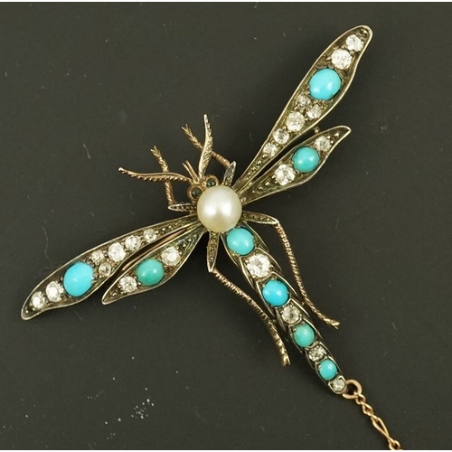 150 - A late Victorian gold and silver, diamond, turquoise and pearl set dragonfly brooch, cabochon set ey... 