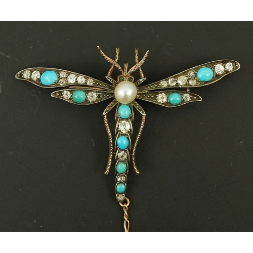 150 - A late Victorian gold and silver, diamond, turquoise and pearl set dragonfly brooch, cabochon set ey... 