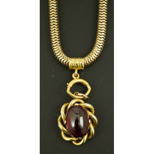 151 - A Victorian gold snake link chain, hung with a gold and single stone oval cabochon garnet set mourni... 