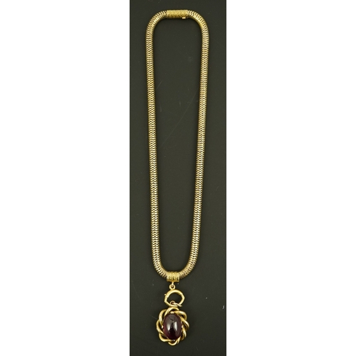 151 - A Victorian gold snake link chain, hung with a gold and single stone oval cabochon garnet set mourni... 