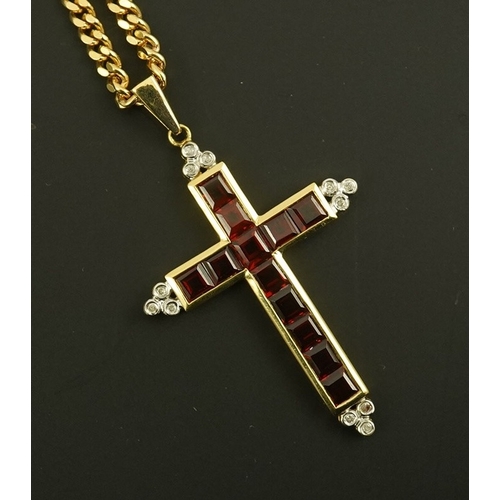 153 - A modern 18ct gold, garnet and diamond chip cluster set cross pendant, 42mm, gross weight 6.5 grams,... 