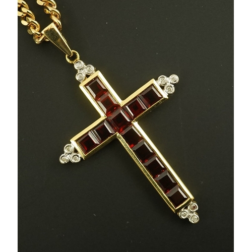 153 - A modern 18ct gold, garnet and diamond chip cluster set cross pendant, 42mm, gross weight 6.5 grams,... 