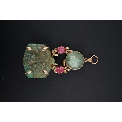 155 - A Mughal style 14k gold mounted green and rose quartz set drop pendant, overall 90mm, gross weight 6... 