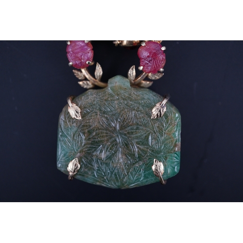 155 - A Mughal style 14k gold mounted green and rose quartz set drop pendant, overall 90mm, gross weight 6... 