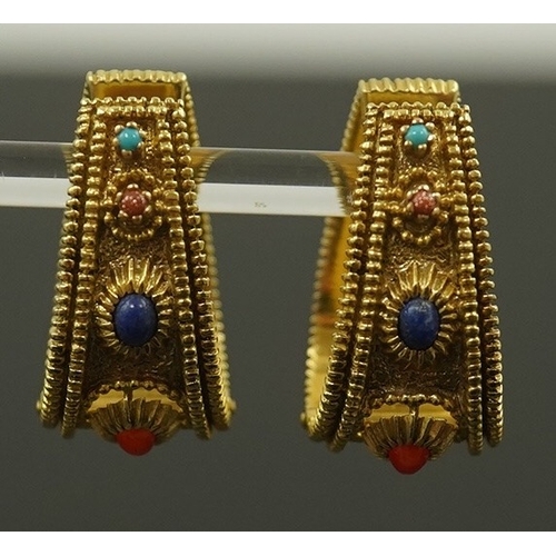 156 - A pair of continental high carat gold and semi-precious gem set hinged  loop earrings, possibly Indi... 