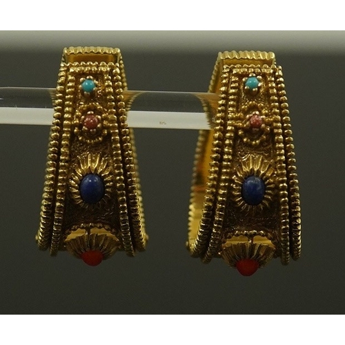 156 - A pair of continental high carat gold and semi-precious gem set hinged  loop earrings, possibly Indi... 