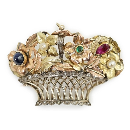 160 - A late 19th century Continental two colour gold, silver, diamond, sapphire, ruby, emerald and pearl ... 