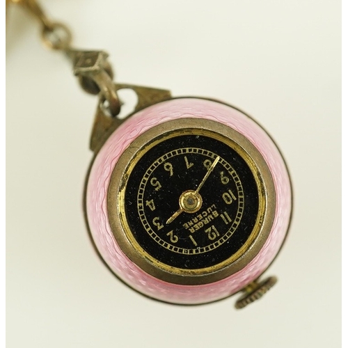 162 - An early to mid 20th century silver and pink guilloche enamel Burger manual wind globe lapel watch, ... 