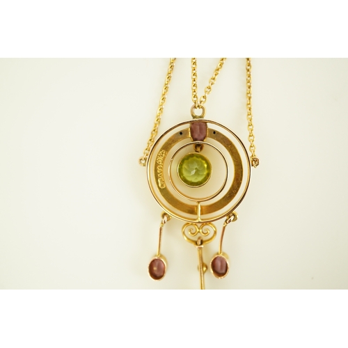 164 - An Edwardian 9ct gold, peridot and garnet set drop pendant necklace, by Murrle Bennett & Co, of targ... 