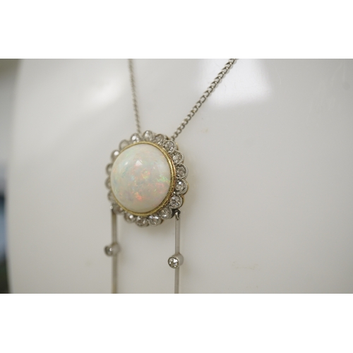 166 - A Belle Epoque platinum and gold, white opal and millegrain set diamond double drop pendant necklace... 