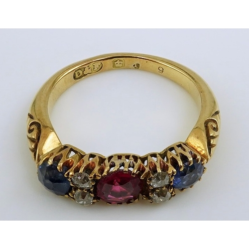 175 - An early 20th century gold, ruby, sapphire and diamond cluster set half hoop ring, size J, gross wei... 