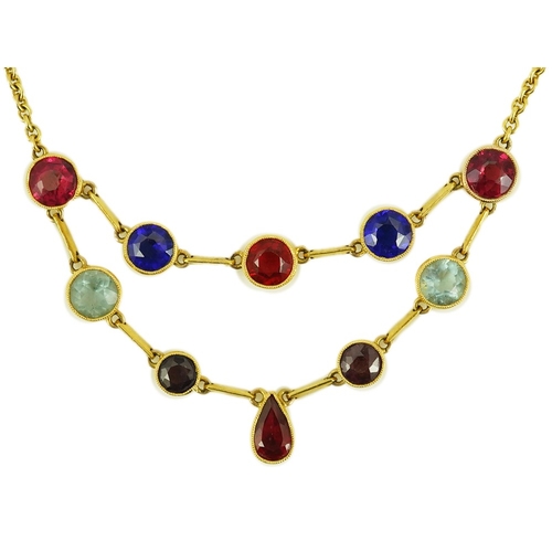 176 - An early 20th century 15ct gold and ten stone multi coloured doublet set necklace, 49cm,  gross weig... 