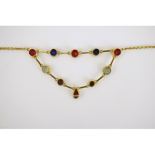 176 - An early 20th century 15ct gold and ten stone multi coloured doublet set necklace, 49cm,  gross weig... 