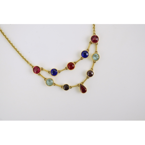 176 - An early 20th century 15ct gold and ten stone multi coloured doublet set necklace, 49cm,  gross weig... 