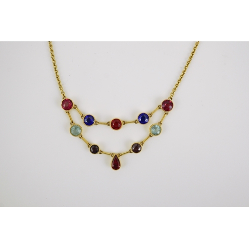 176 - An early 20th century 15ct gold and ten stone multi coloured doublet set necklace, 49cm,  gross weig... 