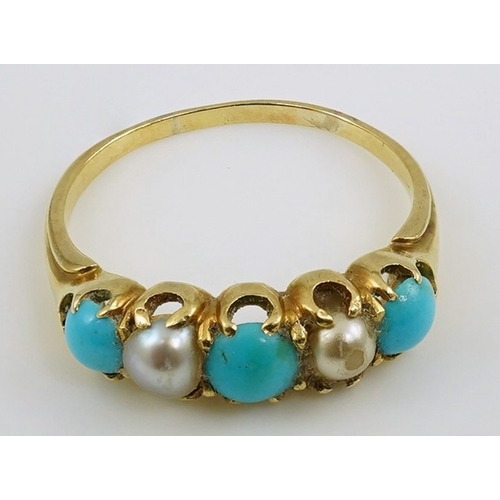 177 - An early 20th century gold, three stone turquoise and two stone split pearl set half hoop ring, size... 