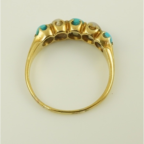 177 - An early 20th century gold, three stone turquoise and two stone split pearl set half hoop ring, size... 