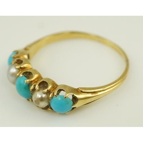 177 - An early 20th century gold, three stone turquoise and two stone split pearl set half hoop ring, size... 