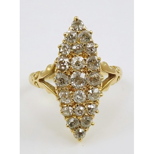 179 - An early 20th century gold and diamond cluster set marquise shaped ring, size L, gross weight 5.2 gr... 