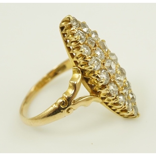 179 - An early 20th century gold and diamond cluster set marquise shaped ring, size L, gross weight 5.2 gr... 