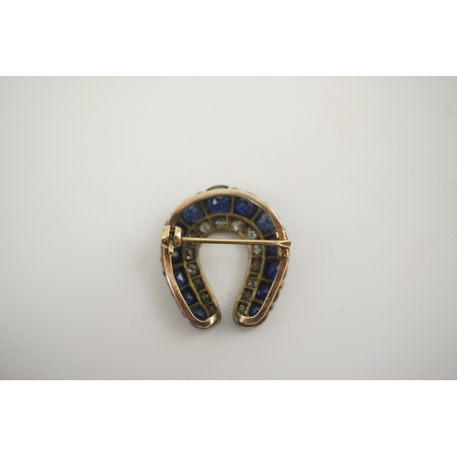 183 - An Edwardian, gold and silver, diamond and sapphire set horse shoe brooch, 24mm, gross weight 4.6 ... 